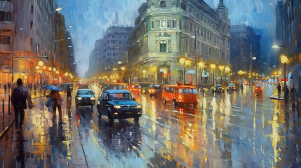 Madrid's Gran Via in a rainy weather in the night. Original oil painting on canvas. (ai generated) - obrazy, fototapety, plakaty
