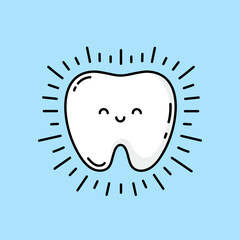 Healthy glowing tooth icon. Sparkling clean tooth sign. Cute cartoon kawaii smiling funny face character. White healthy tooth icon on blue circle background. Vector illustration.