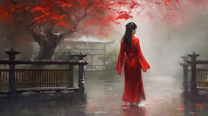Fototapeta premium Chinese woman in a rainy weather. Original oil painting on canvas. (ai generated)