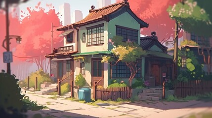 LOFI house on the streets, anime manga style illustration, background wallpaper