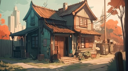 LOFI house on the streets, anime manga style illustration, background wallpaper