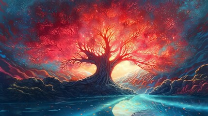 Fototapeta na wymiar a river, leading to a tree, in the style of cosmic landscapes, light red and blue, ethereal illustrations, sunset in the woods, Generative AI