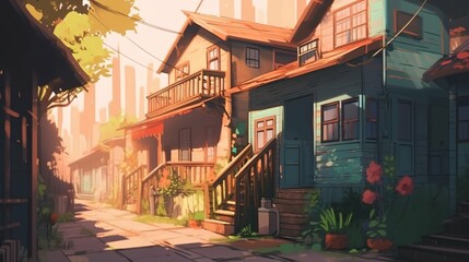 LOFI house on the streets, anime manga style illustration, background wallpaper