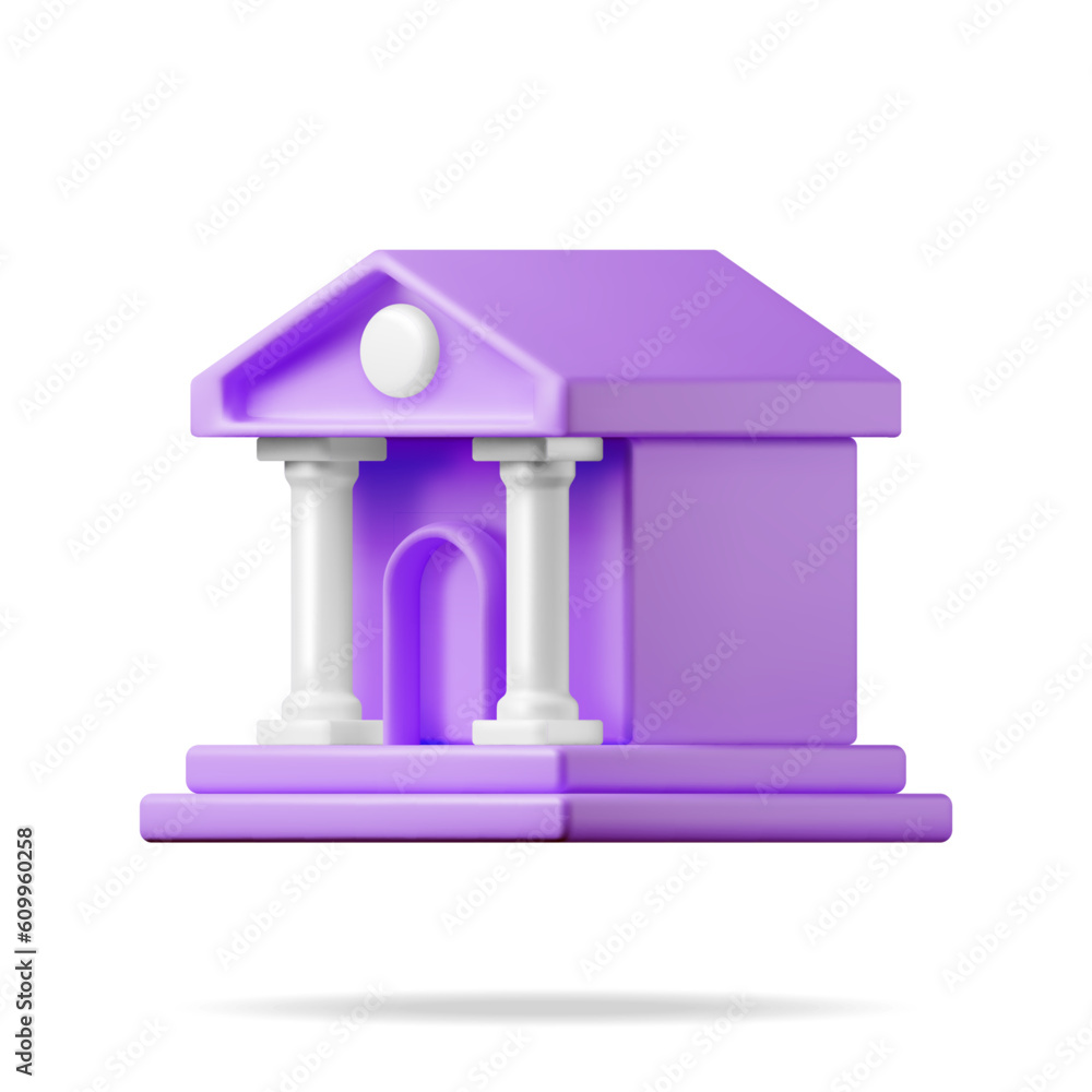 Poster 3d bank building isolated on white. render financial house icon. construction with columns in ancien