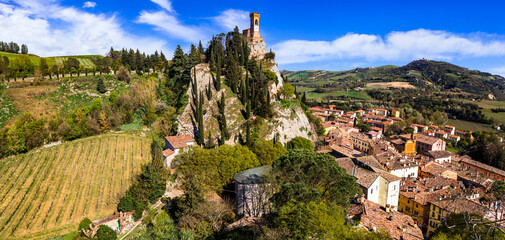 one of the most beautiful medieval villages of Italy, Emilia romagna region- Brisighella in Ravenna province, panoramic view of the castle and clock tower