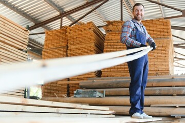 Fototapeta premium Portrait of a handsome worker choosing the best wooden boards. Carpenter standing next to a big stack of wood bars in a warehouse.