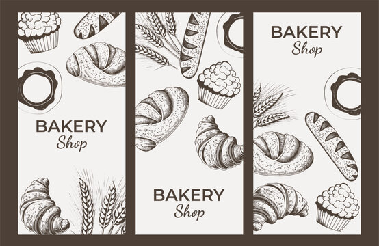 Set of posters in vintage style, baking design. Vector drawing monochromatic drawing on the theme of baking. Poster, flyer, banner template. Design elements