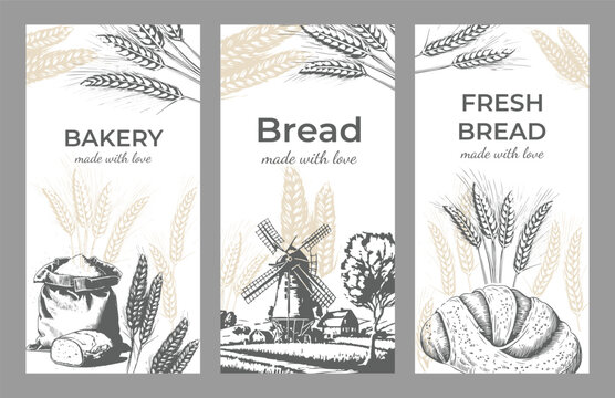 Set of posters in vintage style, baking design. Vector drawing monochromatic drawing on the theme of baking. Poster, flyer, banner template. Design elements
