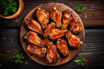 Top view of fried chicken wings on a plate on the wooden table.