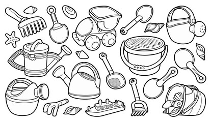 Cartoon set of cute doodle kids beach toys.