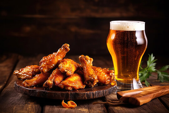 Image of beer and fried chicken wings on a plate on the wooden table. 