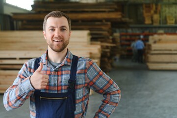 Carpenter in the wood warehouse selects plank for furniture making in the carpentry workshop
