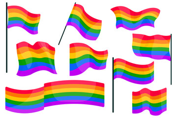 Pride month, illustrations with LGBT flag, set of developing flags of different shapes, clip art, vector