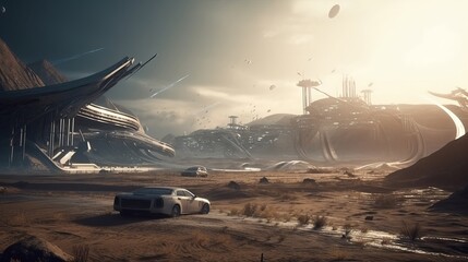 Fototapeta na wymiar futuristic rendering of life on earth in the year 3000, cinematic composition and lighting, photorealistic, spaceship flying over the desert, Generative AI