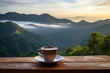 Top view serenity. Hot breakfast fresh cup of coffee on wooden table blur background