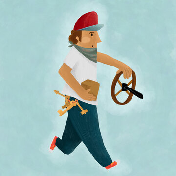 Positive man with keys driving steering wheel