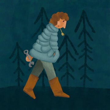 Sad woman walking with spanner in dark forest
