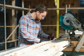 Professional Carpenter man authentic Handcraft Wood worker. Joiner or furniture builder home diy projects maker male.