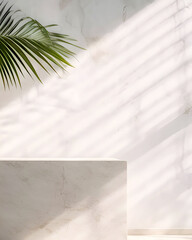 Marble empty podium opposite marble wall with palm tree leaf and window light. Scene stage showcase for beauty and spa products, cosmetics, promotion sale or advertising. Front view. Generative ai