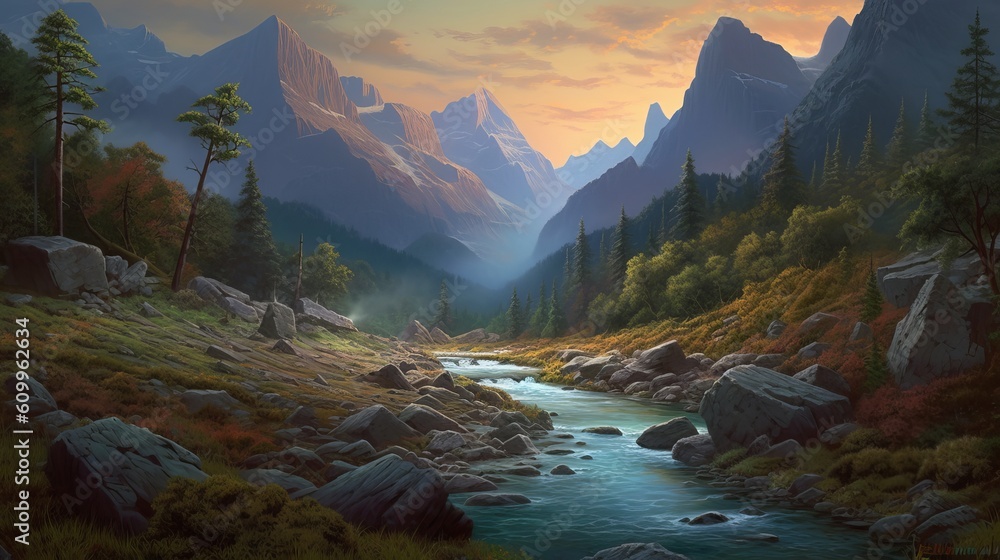 Wall mural stunning landscape art, hyper realistic masterpiece, view of the river in the mountains, mountain ri