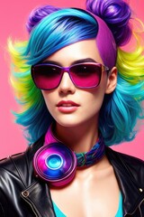 Glamorous hipster teenager in sunglasses. Vertical view portrait of millennial pretty girl with clothing and hairstyle in neon colors. Сoncept of nightclub. Generative AI