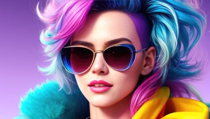 Glamorous hipster teenager in sunglasses. Portrait of millennial pretty girl with clothing and hairstyle in neon colors. Сoncept of nightclub. Generative AI