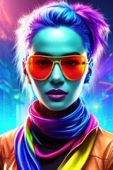 Fototapeta na wymiar Glamorous hipster teenager in sunglasses. Vertical view portrait of millennial pretty girl with clothing and hairstyle in neon colors. Сoncept of nightclub. Generative AI