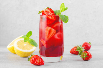 Strawberry Drink, Refreshing Summer Cocktail, Lemonade, Iced Tea, Red Cold Drink on Bright Background