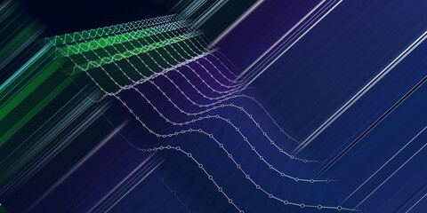 Abstract background graph  wavy white  lines with circles and lines on dark. Big Data. Technology wireframe interlacement concept in virtual space. Banner for business, science and technology.