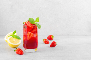 Strawberry Drink, Refreshing Summer Cocktail, Lemonade, Iced Tea, Red Cold Drink on Bright Background