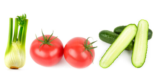 Set of vegetables isolated on white . Collage. Free space for text. Wide photo.
