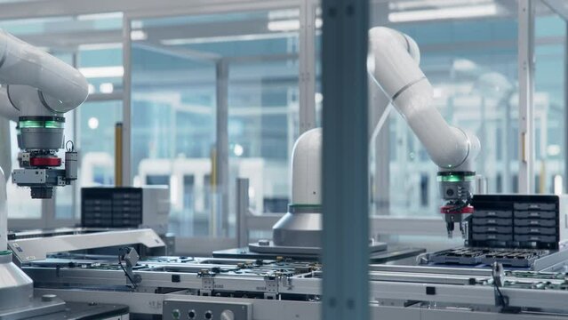 Advanced High Precision Robot Arms at Bright Electronics Factory. Fully Automated Modern PCB Assembly Line Equipped. Component Installation on Circuit Board. Electronic Devices Production Industry.