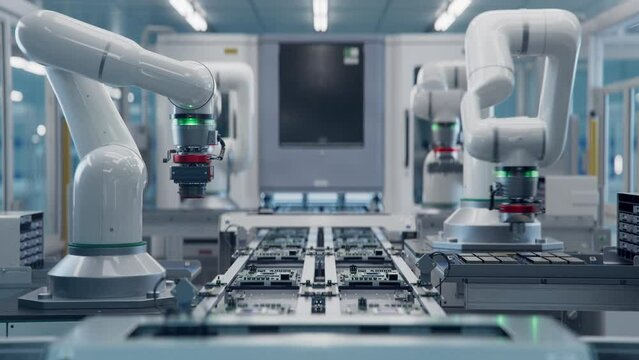 Fully Automated Modern PCB Assembly Line Equipped with Advanced High Precision Robot Arms at Bright Electronics Factory. Component Installation on Circuit Board. Electronic Devices Production Industry