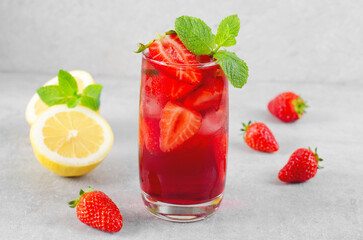 Strawberry Drink, Refreshing Summer Cocktail, Lemonade, Iced Tea, Red Cold Drink on Bright Background