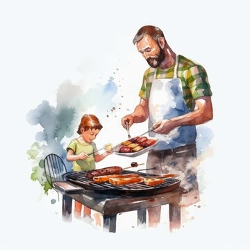 graphic design watercolor painting of father grilling out generative AI