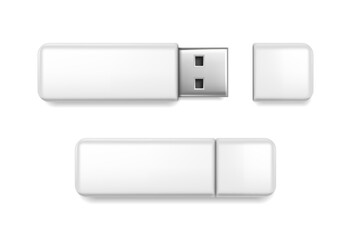 3d realistic vector icon. White  USB flash drive. Isolated on white background.