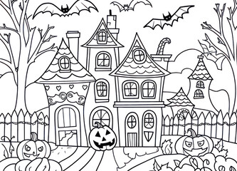 Fototapeta premium Charming Halloween illustration in black and white, ideal for kids' coloring fun with enchanting playful details to ignite young minds. Get this striking image now! Generative AI