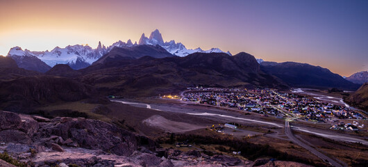 Panoramic view of El Chalten at sunset and Mount Fitz Roy. Patagonia, Argentina.