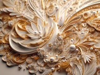 Paper made Quilling craft technic white and gold abstract background lines Created with Generative AI technology