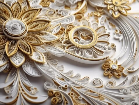 Paper made Quilling craft technic white and gold abstract background lines Created with Generative AI technology
