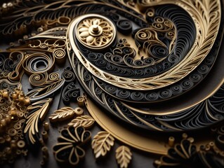 Fototapeta na wymiar Paper made Quilling craft technic black and gold abstract background lines Created with Generative AI technology