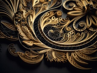 Paper made Quilling craft technic black and gold abstract background lines Created with Generative AI technology