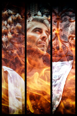 Sexy fashion portrait hot male model in stylish jeans and shirt with muscular body posing. Dream Catcher in background.