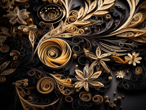 Paper made Quilling craft technic black and gold abstract background lines Created with Generative AI technology