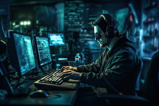 Photo of a hacker working on a computer at a desk