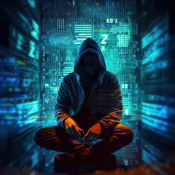 Photo of a hacker with hood in a futuristic background