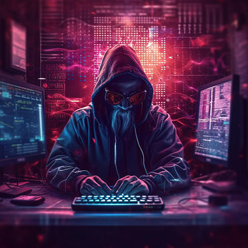 Photo of a hacker with hood working on a computer at a desk
