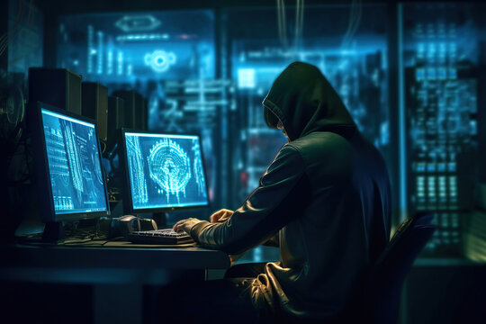Photo of a hacker with hood working on a computer at a desk