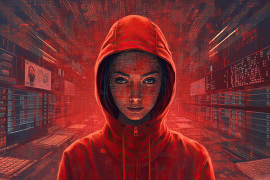 Photo of a hacker with hood in a futuristic background