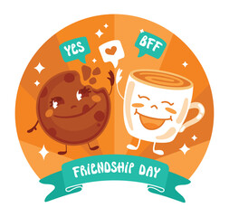 Chocolate chip cookies and a cup of coffee. friendship forever. Funny logo. Vector.